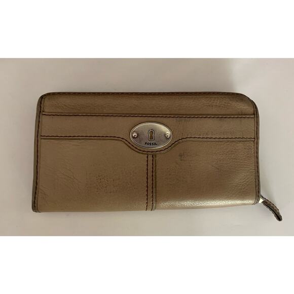 Vintage Fossil Maddox Leather Wallet Long Card Holders Tan Side Zip - Picture 1 of 10